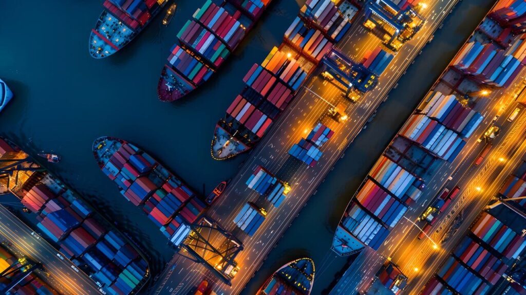Vista aérea noturna de um porto de carregamento, mostrando vários navios cargueiros alinhados ao longo de docas iluminadas e estradas adjacentes.