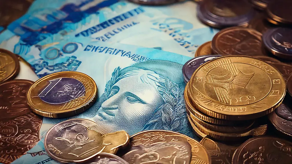 Notas e moedas brasileiras organizadas juntas, destacando a face da República e o símbolo do real em destaque. Representa economia e finanças no Brasil.
